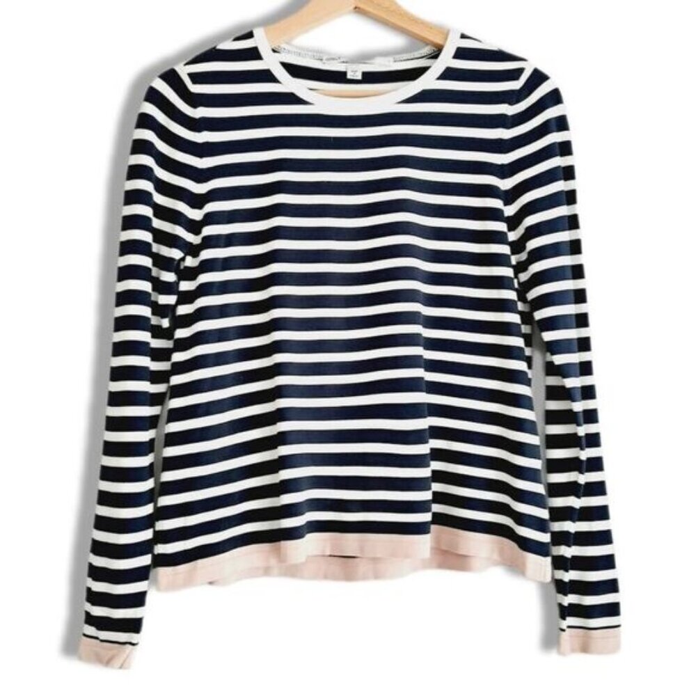 ONLY Suzana Striped Pattern Stretchy Crewneck Top B&W Contrasting Pink Hem Sz S